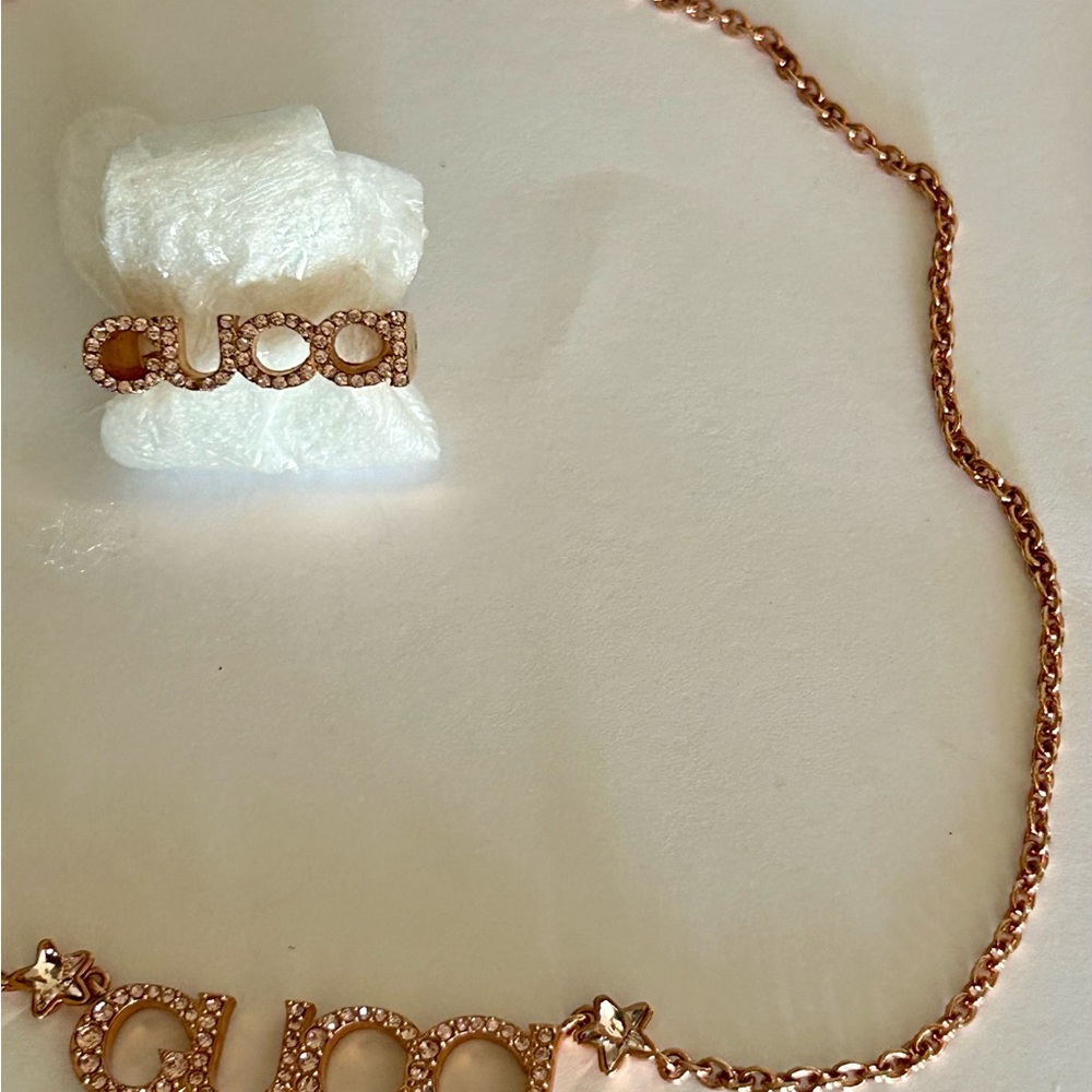 🩷🩷🩷GUCCI Crystal Logo Necklace + Ring Set • Rose Gold • Pavé Bling - Picture 2 of 14
